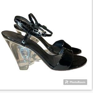 Stuart Weitzman Clear Lucite Heels Open Toe Black Strap Slingback Heels Size 10